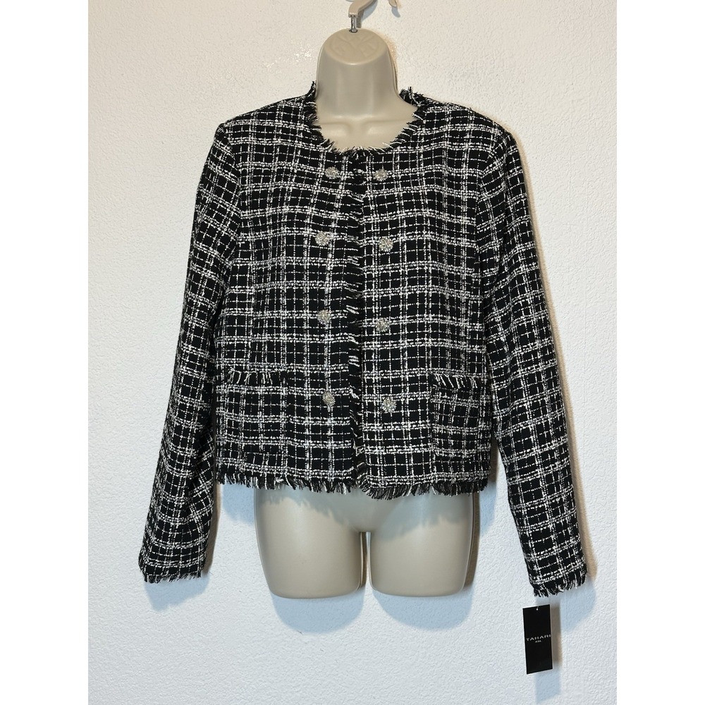 New Tahari ASL Double Breasted Boucle Blazer‎ Black WhiteSz 14 Jacket Core Event